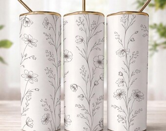 Minimalist Floral Tumbler Wrap PNG, 20oz Skinny Tumbler Sublimation Design, Wildflower Line Art Cup Wrap, Neutral Botanical Tumbler PNG
