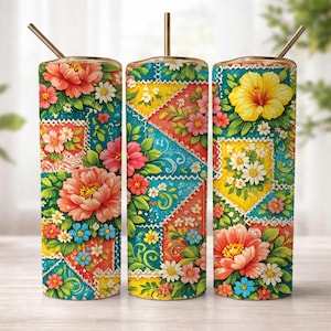 Colorful Floral Patchwork Tumbler Wrap PNG, Boho Quilt 20oz Skinny Sublimation Design, Bright Summer Flower Cup Wrap, Retro Fabric Pattern