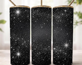 Black Glitter Tumbler Wrap PNG, Sparkly Night Sky 20oz Skinny Sublimation Design, Starry Galaxy Cup Wrap, Elegant Dark Drinkware