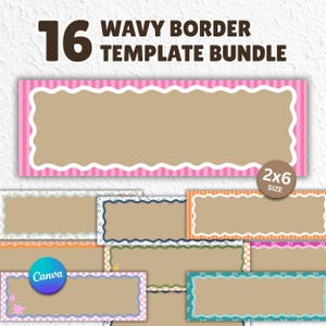 May include: A bundle of 16 wavy border templates. The templates feature various designs, including pink stripes, white scalloped edges, and colorful accents. The text "WAVY BORDER TEMPLATE BUNDLE" is displayed at the top. The size is 2x6 inches.