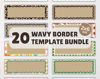 May include: A collection of 20 wavy border templates in various designs. Each template features a tan rectangular space for text, surrounded by colorful and patterned borders. The templates are labeled as 2x6 size.