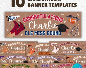 May include: A collection of 10 graduation banner templates. The main banner reads "Congratulations Charlie" with "Ole Miss Bound" below. Other banners feature various university themes, including Texas, OSU, and OU. A football and graduation cap are also shown.
