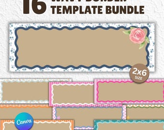 May include: A bundle of 16 wavy border templates in various colors and designs. The templates include floral, striped, and solid borders. The text "WAVY BORDER TEMPLATE BUNDLE" is at the top. The size is 2x6 inches.