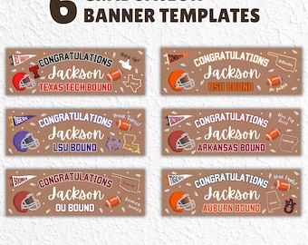 May include: Six graduation banner templates with football themes. Each banner features a team helmet, football, and the text "Congratulations Jackson" with a school name. The banners are brown with various team colors.