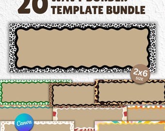 May include: A bundle of 20 wavy border templates in various designs. The templates feature a tan background with decorative borders, including a leopard print, green, and other colorful patterns. The size is 2x6 inches.
