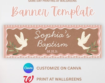 May include: A banner template with a brown background and a decorative border. The banner features the text "Sophia's Baptism" and the date "08.20.26". Two white doves and green leaves are on the banner. The text "Banner Template" is at the top.