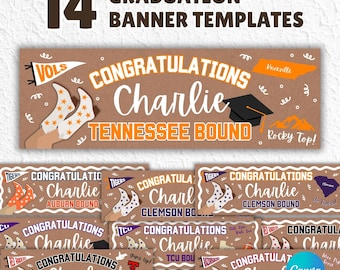 May include: A collection of 14 graduation banner templates. The banners feature the text "Congratulations Charlie" with various university themes, including Tennessee, Clemson, and Texas Tech. The designs incorporate school colors and graphics.