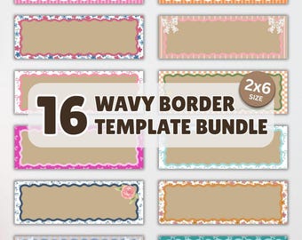 May include: A collection of 16 wavy border templates in various colors and designs. Each template features a rectangular shape with a brown center and decorative edges, including floral, bow, and scalloped patterns. The text reads "WAVY BORDER TEMPLATE BUNDLE".
