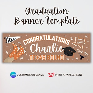 Może przedstawiać: Szablon banera z okazji ukończenia szkoły z brązowym tłem. Baner zawiera tekst "Graduation Banner Template", "Congratulations Charlie Texas Bound" oraz grafikę w stylu Teksasu, taką jak kowbojskie buty i mapa Teksasu.