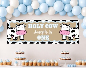 Personalized Holy Cow First Birthday Banner Template, Name Is One Cow Print Party Decor, Printable 1st Birthday Sign, Digital Download