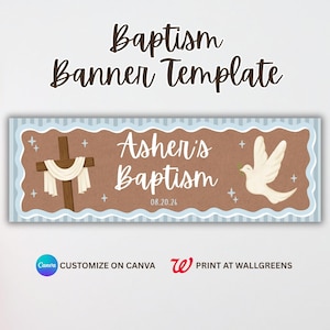 Pode incluir: Modelo de banner de batismo com fundo castanho e borda azul claro. O banner apresenta uma cruz com um pano drapeado, uma pomba e o texto "Batismo de Asher" com a data 08.20.26. As palavras "Modelo de banner de batismo" estão no topo.