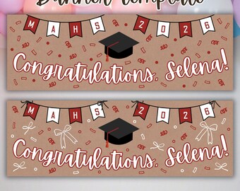 May include: A graduation banner template with a kraft paper background. The banner features the text "Congratulations, Selena!" in a script font, along with a graduation cap and a banner that reads "MAHS 2026". Confetti and ribbon graphics are scattered across the design.