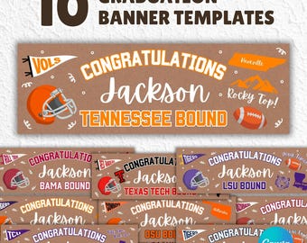 May include: A collection of 10 graduation banner templates with a brown background. The banners say "Congratulations Jackson" and feature football helmets and team logos. The text "Tennessee Bound" is also visible.