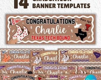May include: A collection of graduation banner templates with the text "Congratulations Charlie" and school-specific graphics. The banners are brown with white text and illustrations, including a Texas Tech banner.