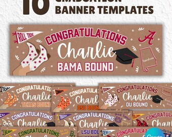 May include: A collection of 10 graduation banner templates. The banners are brown with various designs, including text that reads "Congratulations Charlie" and "Bama Bound." Each banner features college-themed graphics.