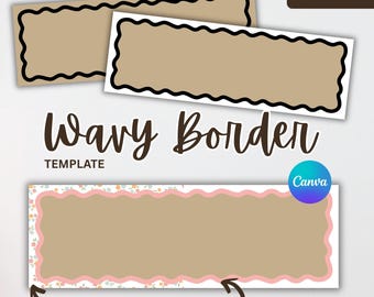 May include: A graphic design template featuring wavy borders in various styles. The design includes a brown rectangular shape with a black wavy border, and another with a pink floral border. Text on the image reads "Wavy Border Template" and "2x6".
