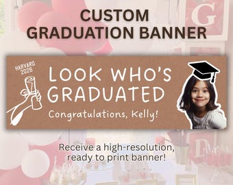 May include: A custom graduation banner with the text "LOOK WHO'S GRADUATED" and "Congratulations, Kelly!". The banner features a photo of a graduate and the Harvard 2026 logo. Pink and white balloons are in the background.