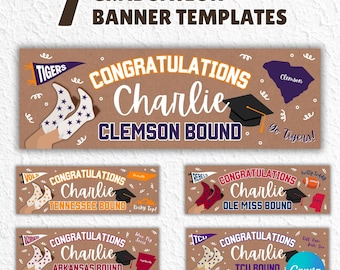 May include: A collection of seven graduation banner templates with a brown background. Each banner says "Congratulations Charlie" and features college-themed graphics and text. The banners include the text "Graduation Banner Templates".