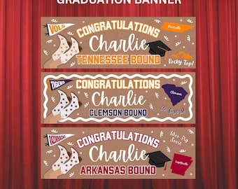 May include: Three custom graduation banners with the text "Congratulations Charlie" and school-specific details. The banners are brown with white, orange, purple, and maroon accents. The text "Tennessee Bound", "Clemson Bound", and "Arkansas Bound" are also displayed.