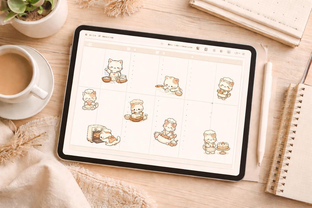 40 Cozy Cat Stickers for Digital Planners | Cute Baking Cat Stickers ...