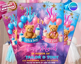 Plantilla de invitación para revelar el género de un osito de peluche, editable en Canva, invitación para baby shower en rosa y azul, descarga digital.