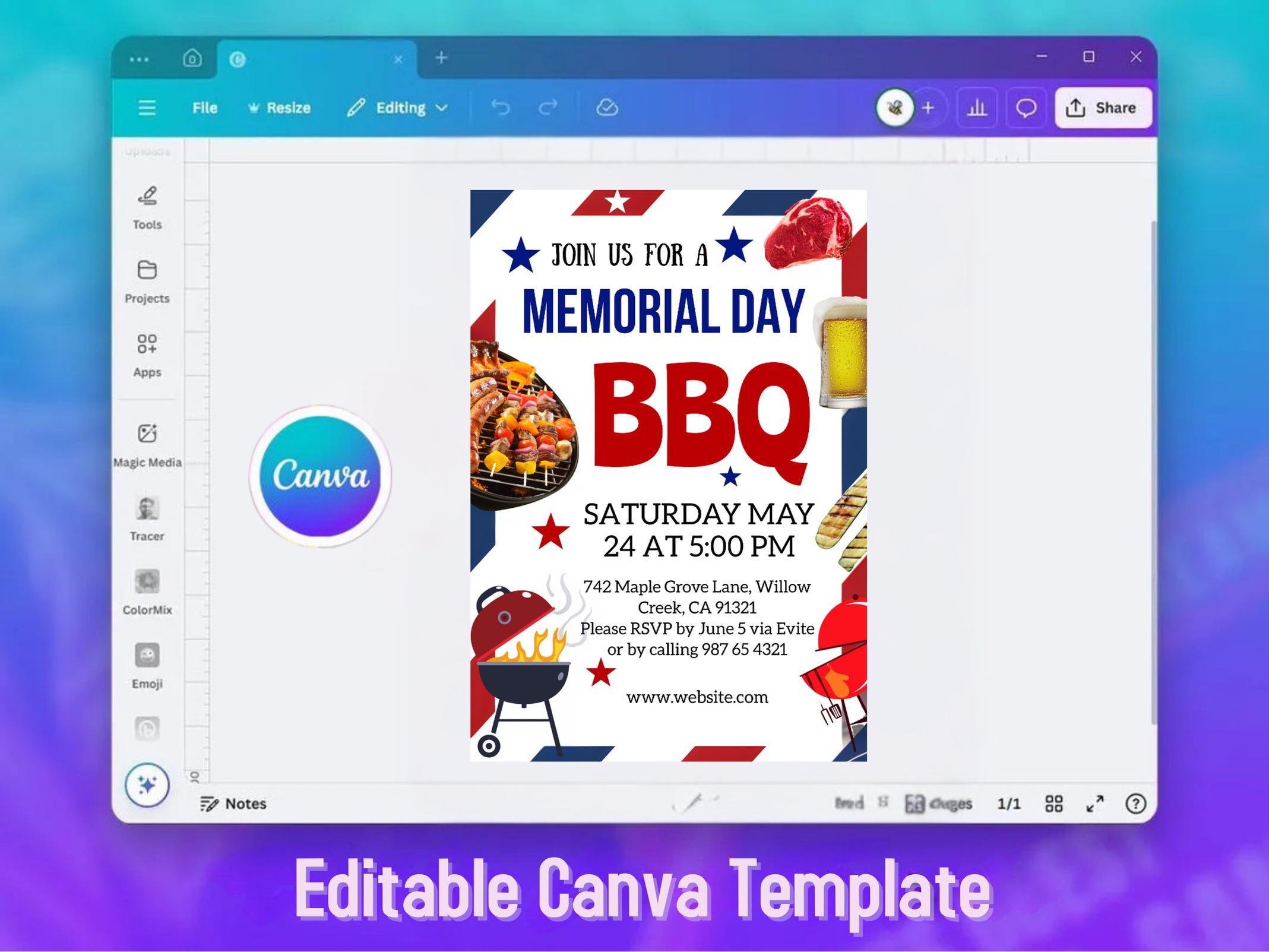 Memorial Day BBQ Invitation Template, Editable Cookout Party Invite ...