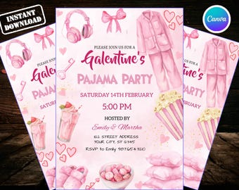 Plantilla de invitación para la fiesta de pijamas de Galentine, invitación animada para una pijamada de chicas, lazo rosa y rojo para San Valentín, Canva editable