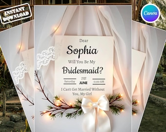 Plantilla de tarjeta de propuesta para damas de honor, tarjeta de información editable para damas de honor, plantilla para damas de honor y padrinos, invitación digital con temática de la fiesta nupcial