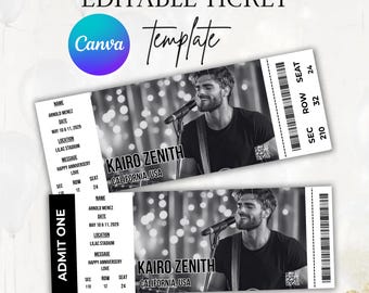Plantilla de entradas de concierto editable en Canva, entrada de concierto personalizada e imprimible, idea de regalo de cumpleaños, regalo sorpresa, descarga digital