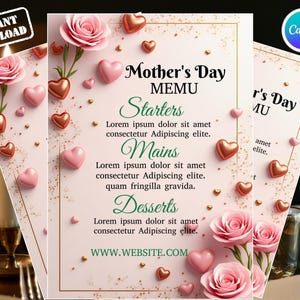 Può includere: Un menu per la festa della mamma con sfondo rosa, con rose rosa, palloncini a forma di cuore e dettagli dorati. Il menu include sezioni per antipasti, piatti principali e dessert, con testo segnaposto. Il testo "Mother's Day MEMU" è in alto.