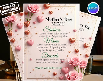 Plantilla editable de menú para el Día de la Madre, tarjeta de menú floral para brunch, menú de primavera imprimible, menú elegante para restaurante, descarga instantánea de Canva.