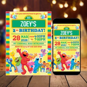 May include: A colorful birthday invitation featuring the text "Zoey's 2nd Birthday!" with the date March 28, 2026, and time. The invitation includes Sesame Street characters and balloons. A smartphone displays the same invitation.
