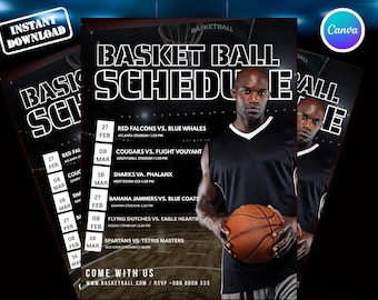Plantilla de calendario de baloncesto de Canva / Folleto editable de calendario de baloncesto para el día del partido (8,5 x 11 pulgadas) / Planificador de temporada de equipo / Calendario deportivo imprimible