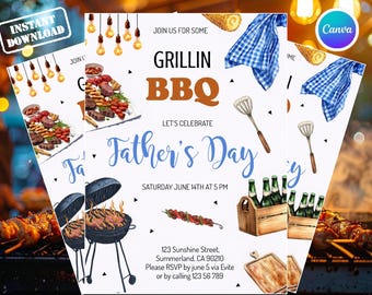 Plantilla editable de invitación para barbacoa del Día del Padre, invitación para parrillada y relax, invitación para fiesta de barbacoa en el jardín (Canva).