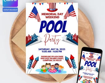 Plantilla de invitación para fiesta en la piscina del Día de los Caídos, invitación editable para barbacoa patriótica en la piscina, invitación para fiesta de verano del 4 de julio, descarga instantánea.