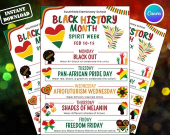 Folleto de la Semana del Espíritu del Mes de la Historia Afroamericana / Calendario de los Días de Disfraces Escolares de Febrero / Plantilla editable de Canva / Descarga digital