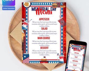 Plantilla de menú para el Día de los Caídos (editable en Canva), folleto de menú para cena de barbacoa del Día de los Caídos, plantilla de menú para barbacoa del Día de los Caídos (editable en Canva), descarga instantánea.