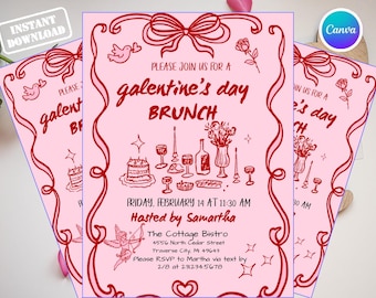 Plantilla de invitación para el brunch de Galentine / Video y folleto editables de invitación para el brunch en Canva / Fiesta del Día de Galentine, brunch rosa de San Valentín