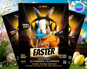 Invitación para fiesta de Pascua / Invitación para búsqueda de huevos de conejo de Pascua / Plantilla editable de Canva / Invitación para fiesta de primavera infantil / Descarga digital imprimible