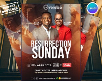 Plantilla de folleto para la iglesia del Domingo de Resurrección, folleto editable para el servicio de Pascua en Canva, póster de adoración "Él ha resucitado", invitación a la iglesia Sunrise.