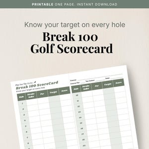 May include: A printable golf scorecard with the text "Break 100 Golf Scorecard." The scorecard includes sections for "Hole," "Stroke Index," "Par," "Target," and "Score." The top of the image reads "Printable One Page. Instant Download."