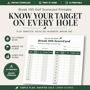 Könnte beinhalten: Ein druckbarer Golf-Scorecard mit dem Text "KNOW YOUR TARGET ON EVERY HOLE". Die Scorecard enthält Abschnitte für Kursinformationen, Lochdetails und Wertung. Das Design ist grün und weiß, mit Symbolen zum Festlegen eines Zielergebnisses, zur Kursverwaltung und zur Senkung der Ergebnisse.