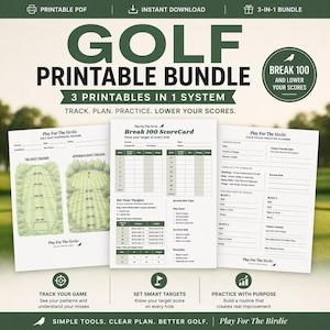 May include: A golf printable bundle with three printables in one system. The bundle includes a golf shot dispersion tracker, a Break 100 ScoreCard, and a calm focus practice planner. The text on the image says "Track, Plan, Practice, Lower Your Scores."