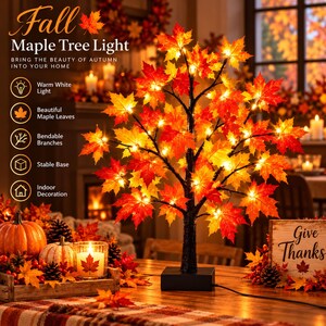 May include: A tabletop maple tree light featuring a black trunk and branches adorned with illuminated warm white LED lights and vibrant red, orange, and yellow maple leaves. The tree stands on a square black base and includes a power cord.