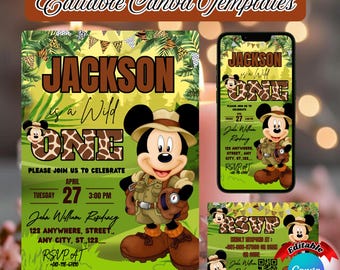 Op de afbeelding: Een set bewerkbare Canva-sjablonen voor een "Wild One" verjaardagsfeestje. Het ontwerp toont Mickey Mouse in safari-outfit, met de tekst "Jackson is a Wild One". Inclusief een uitnodiging, een telefoonscherm en een RSVP-kaart.