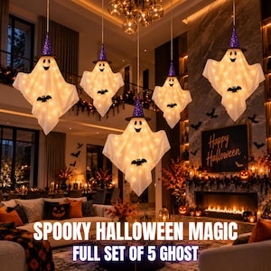 May include: A set of five hanging ghost decorations, each wearing a purple witch hat with star patterns. The white fabric ghosts are illuminated with warm internal lights and feature a black bat graphic on the front. The text reads SPOOKY HALLOWEEN MAGIC FULL SET OF 5 GHOST.