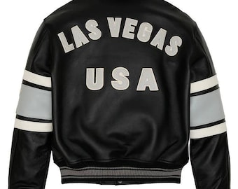 Avirex USA Las Vegas Varsity Jacket, Genuine Cowsoft Black Leather Bomber Coat ,Urban Style