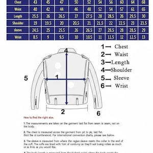 May include: A size chart for men's jackets, with measurements in inches for chest, waist, length, shoulder, sleeve, and wrist. The chart includes sizes from XS to 6XL. A diagram illustrates measurement points.