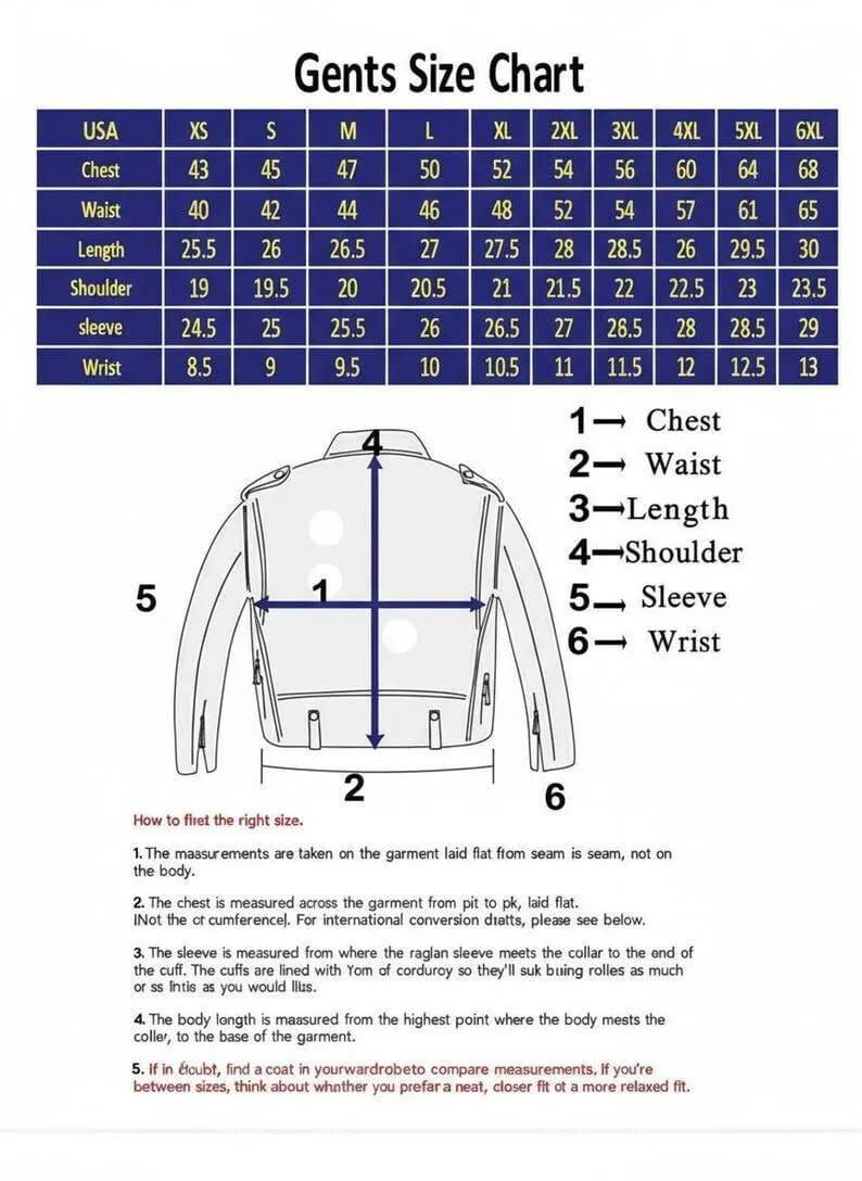 May include: A size chart for men's jackets, with measurements in inches for chest, waist, length, shoulder, sleeve, and wrist. The chart includes sizes from XS to 6XL. A diagram illustrates measurement points.
