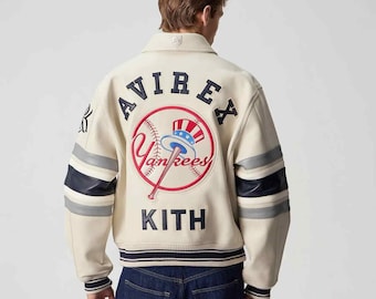 Avirex x Kith New York Yankees Leather Varsity Jacket, Cream Colour Limited Edition
